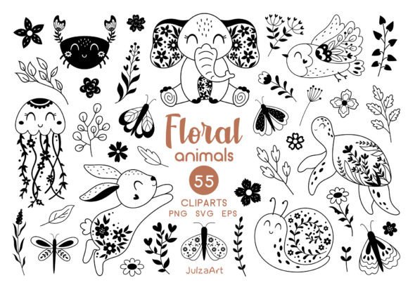 Black Floral Animal Clipart: Essential Design Assets
